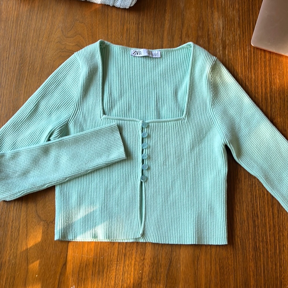 Zara teal crop knitted cardigan